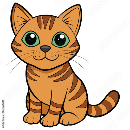 a classic brown mackerel tabby cat sits, showing its unique striped pattern and attentive posture.