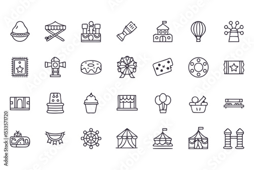 Amusement park and carnival icon set. vector line icons of rides, games, food, circus tents, balloons, and entertainment symbols