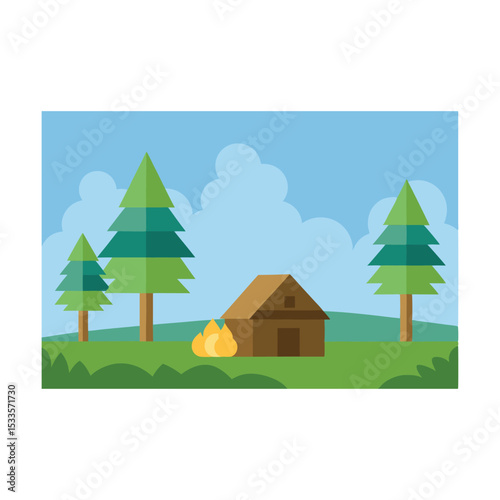 Vector cartoon illustration of a cozy house and tree in a summer forest landscape under a clear sky