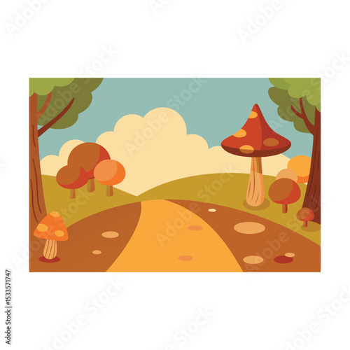 Autumn cartoon vector illustration of a rural landscape with trees, grass, and a house under a cloudy sky