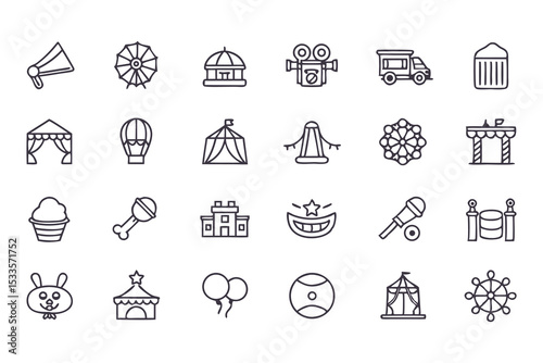 Amusement park and carnival icon set. vector line icons of rides, games, food, circus tents, balloons, and entertainment symbols