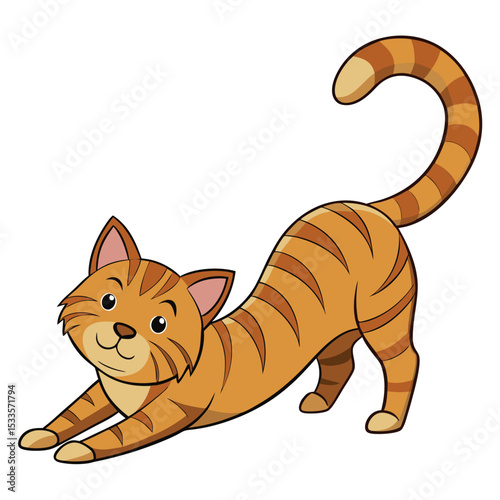 a classic brown mackerel tabby cat stretches, showing its beautiful striped pattern and flexibility.