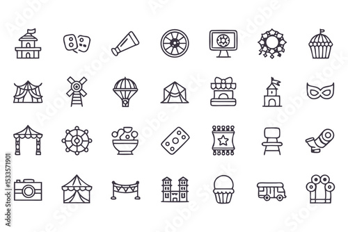 Amusement park and carnival icon set. vector line icons of rides, games, food, circus tents, balloons, and entertainment symbols