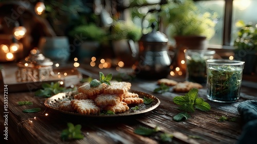 Close-up of golden tray with traditional cookies on a polished wooden surface, accompanied by a metal teapot, tea glasses, and fresh mint leaves scattered around 