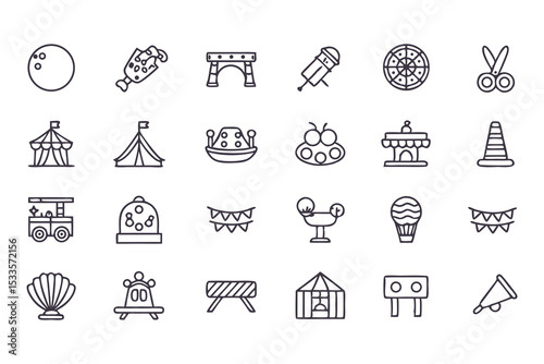 Amusement park and carnival icon set. vector line icons of rides, games, food, circus tents, balloons, and entertainment symbols