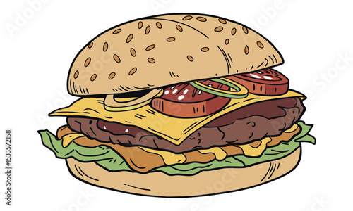 Juicy burger featuring melted cheese, fresh tomatoes, crisp lettuce, and sesame seed bun, vector illustration on white background.