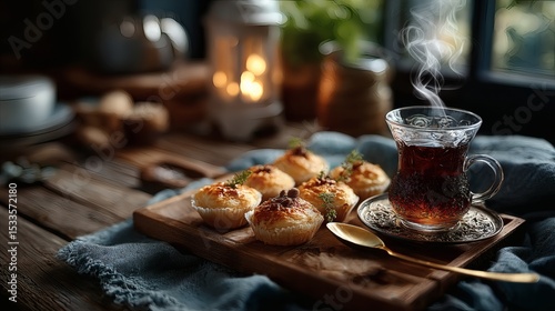 Close-up of Eid pastries on gold tray with visible texture, next to golden spoon and steaming tea in a glass with ornate holder 