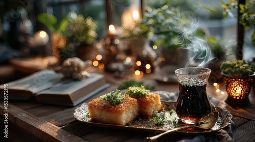 Close-up of Eid pastries on gold tray with visible texture, next to golden spoon and steaming tea in a glass with ornate holder 