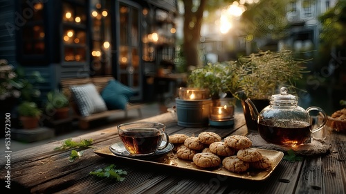 Wide shot of golden tray of cookies with tea service placed on outdoor wooden table in warm afternoon sunlight 