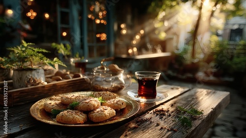 Wide shot of golden tray of cookies with tea service placed on outdoor wooden table in warm afternoon sunlight 