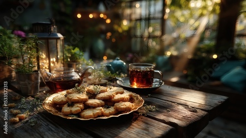 Wide shot of golden tray of cookies with tea service placed on outdoor wooden table in warm afternoon sunlight 