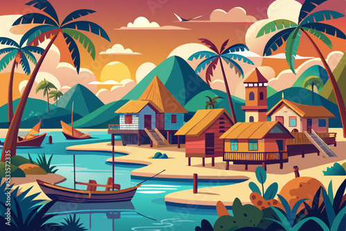 Tropical island paradise with swaying palms, a sandy beach, and clear ocean water