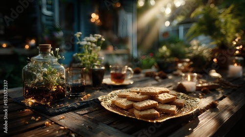 Wide shot of golden tray of cookies with tea service placed on outdoor wooden table in warm afternoon sunlight 