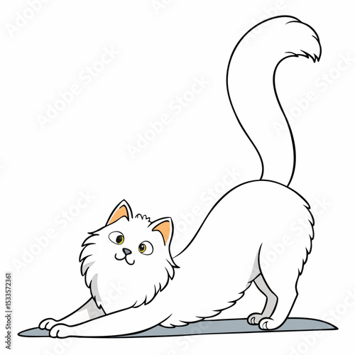 a Turkish Angora cat with long white fur stretches gracefully, showing its elegance and supple form.
