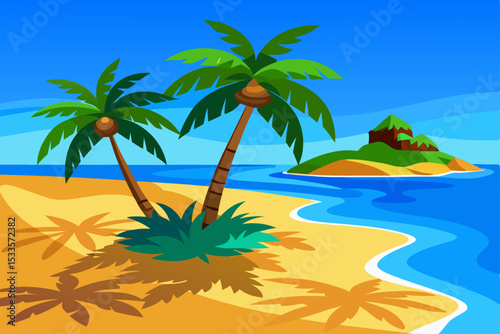 Tropical island paradise with palm trees on a beautiful sandy beach, perfect for a summer vacation by the turquoise sea