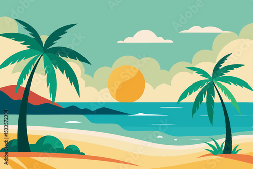 Tropical beach paradise with swaying palm trees, an idyllic summer ocean landscape