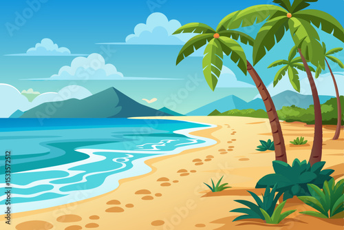 Tropical paradise beach with palm trees and a serene blue ocean seascape