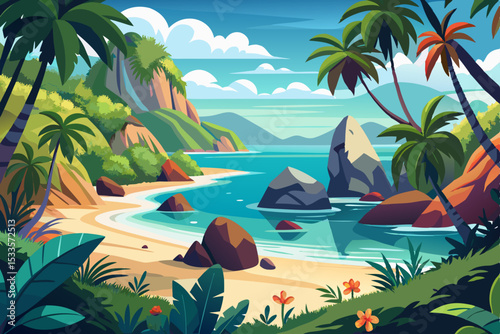 Tropical island beach scene with palm trees, sun, and turquoise ocean water