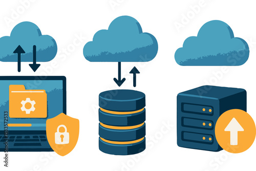 Illustrated cloud storage, file synchronization, and secure data transfer process showcasing technology, backup solutions, and system security