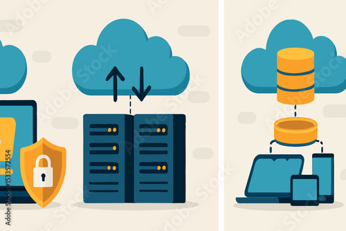 Cloud computing with secure data storage, data transfer, and backup services depicted in an illustrated triptych graphic for digital solutions