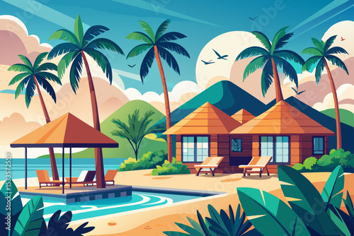 A luxurious tropical resort beckons with an inviting swimming pool, swaying palm trees, and a pristine beach, promising a relaxing summer vacation paradise