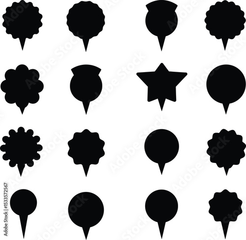 Diverse black vector illustrations of unique lapel pins, badges, and abstract shapes, perfect for modern branding, accessories, and creative design projects.