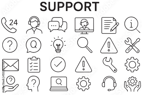 support icons including FAQs, phone support, service, and troubleshooting symbols in clean line art design, line art icon set
