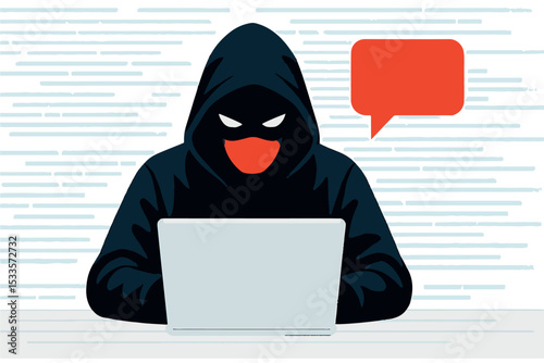shadowy hacker in a hoodie working on a laptop with a red speech bubble, symbolizing cybercrime, hacking, and online threats