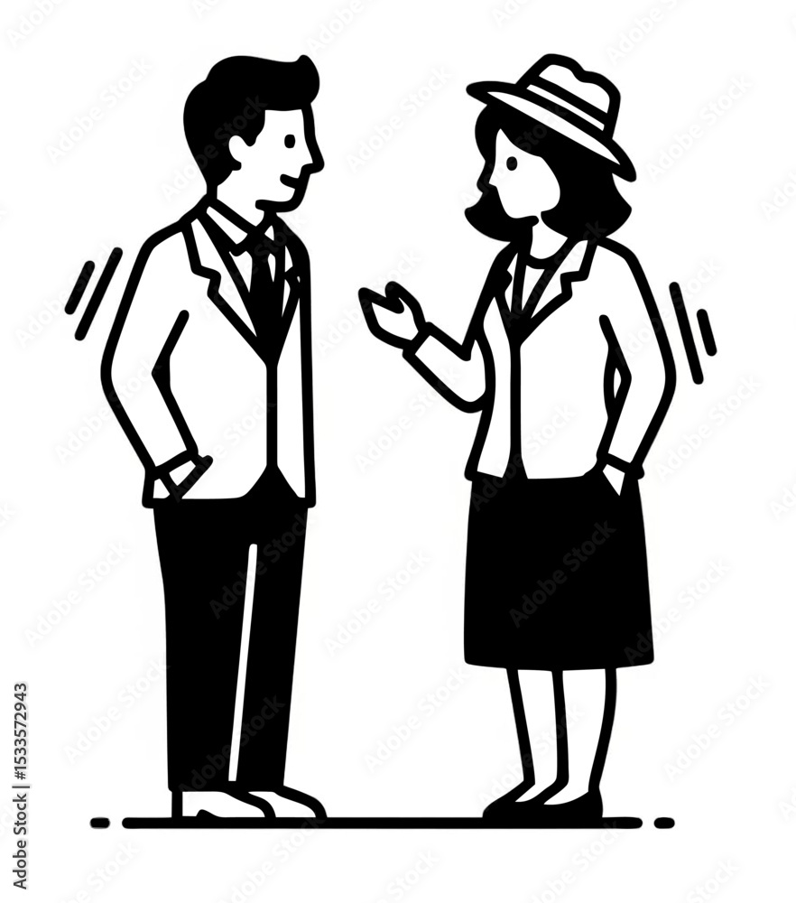 Two People Talking Icon in Formal Wear -
style vector illustration showing a man and a woman having a conversation. Both are dressed in formal suits. Two People Talking Icon in Formal Wear -
style vector illustration showing a man and a woman having a conversation. Both are dressed in formal suits.