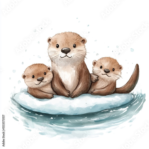 Watercolor Otter Family on Ice Floe Mother and Two Pups