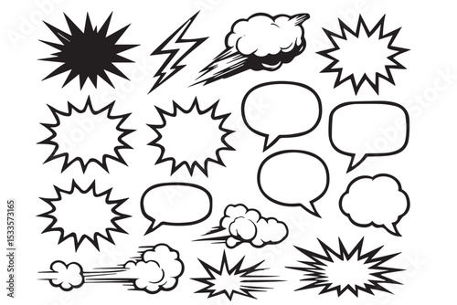 Comic style speech bubbles, explosions, lightning, and cloud effects in black and white, designed as line art icon set, ideal for graphic design projects