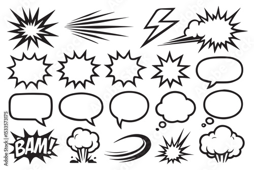 Dynamic comic icons featuring speech balloons, stars, explosions, and movement lines in a black and white style, line art icon set for creative use