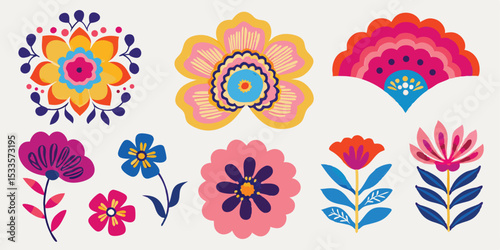 Collection of stylized floral designs with vibrant colors and folk art inspiration shown here