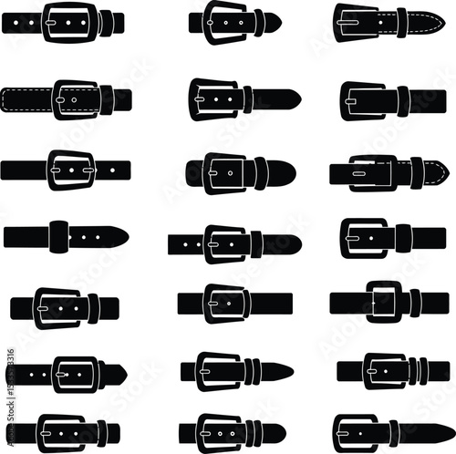 Extensive black vector illustration set of diverse leather belt silhouettes with various buckle styles, perfect for fashion and apparel design projects.