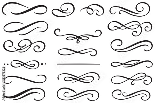Elegant vector swirls, lines, and flourishes for text decoration, featuring decorative curves, arrows, and dividers, in a clean, black and white style, line art icon set