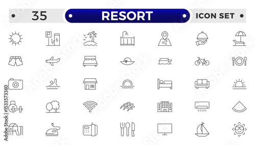 Resort Hotel web icons in outline style. Wellness, beach, tourism, hotel, passport, maps, spa, landscape, camera. Icon collection.