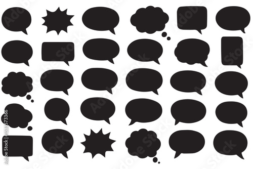 Set of various speech bubbles, thought clouds, and rectangular frames in black and white, designed for comic, dialogue, or messaging projects, line art icon set