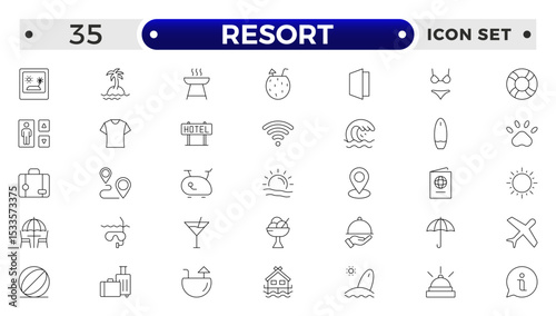 Resort Hotel web icons in outline style. Wellness, beach, tourism, hotel, passport, maps, spa, landscape, camera. Icon collection.