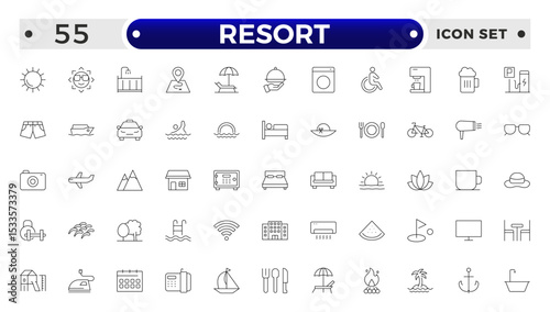Resort Hotel web icons in outline style. Wellness, beach, tourism, hotel, passport, maps, spa, landscape, camera. Icon collection.