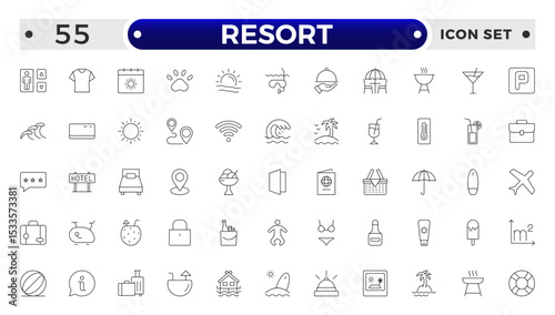 Resort Hotel web icons in outline style. Wellness, beach, tourism, hotel, passport, maps, spa, landscape, camera. Icon collection.