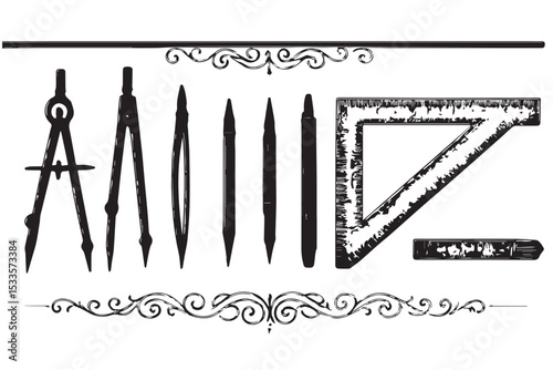 Vintage drawing tools and ornate flourishes, including compasses, rulers, and pencils, in black and white line art, ideal for design and architecture projects