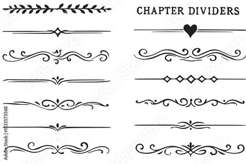 Elegant chapter dividers with intricate flourishes, hearts, and decorative lines, ideal for book design, journals, and creative projects, line art icon set