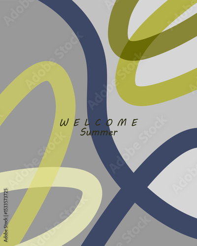 Abstract Summer Welcome Poster with Curved Lines on Gray Background

