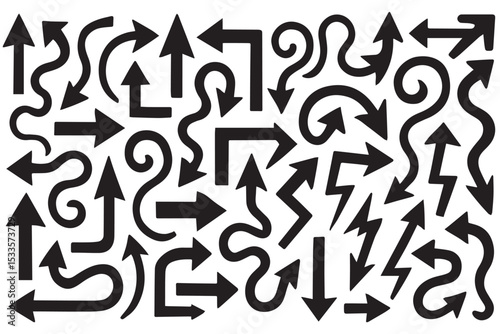 variety of arrow icons in different shapes and movements, perfect for symbolizing directions, progress, and transitions line art icon set