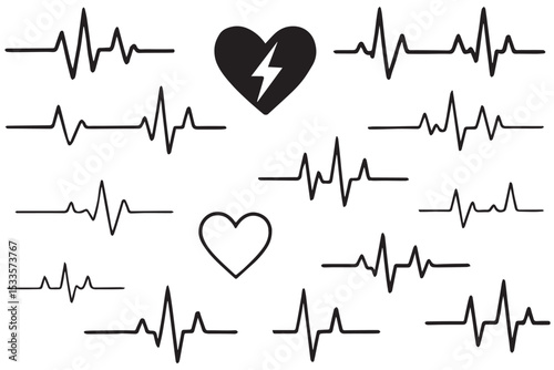 Heartbeat and electrocardiogram waveforms with heart icons representing love, health, and emergency; black line art icon set