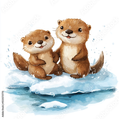 Watercolor Otters Holding Hands on Ice Floe with Splashing Water