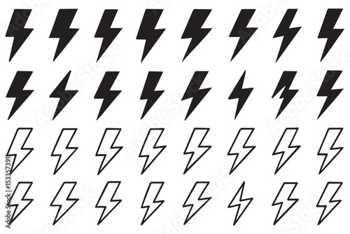 Collection of lightning bolt symbols, black, white, and outlined versions, ideal for power, energy, and storm themes, line art icon set