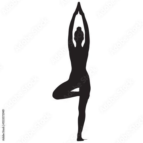 Silhouette of a woman practicing tree pose yoga asana