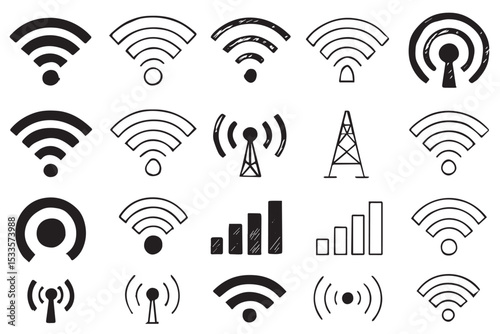 Collection of various wireless signal icons, Wi Fi, network, and signal strength indicators, ideal for technology, connectivity, and communication, line art icon set