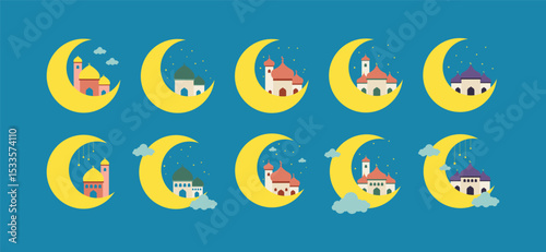 Collection of crescent moons with mosques for Islamic holidays